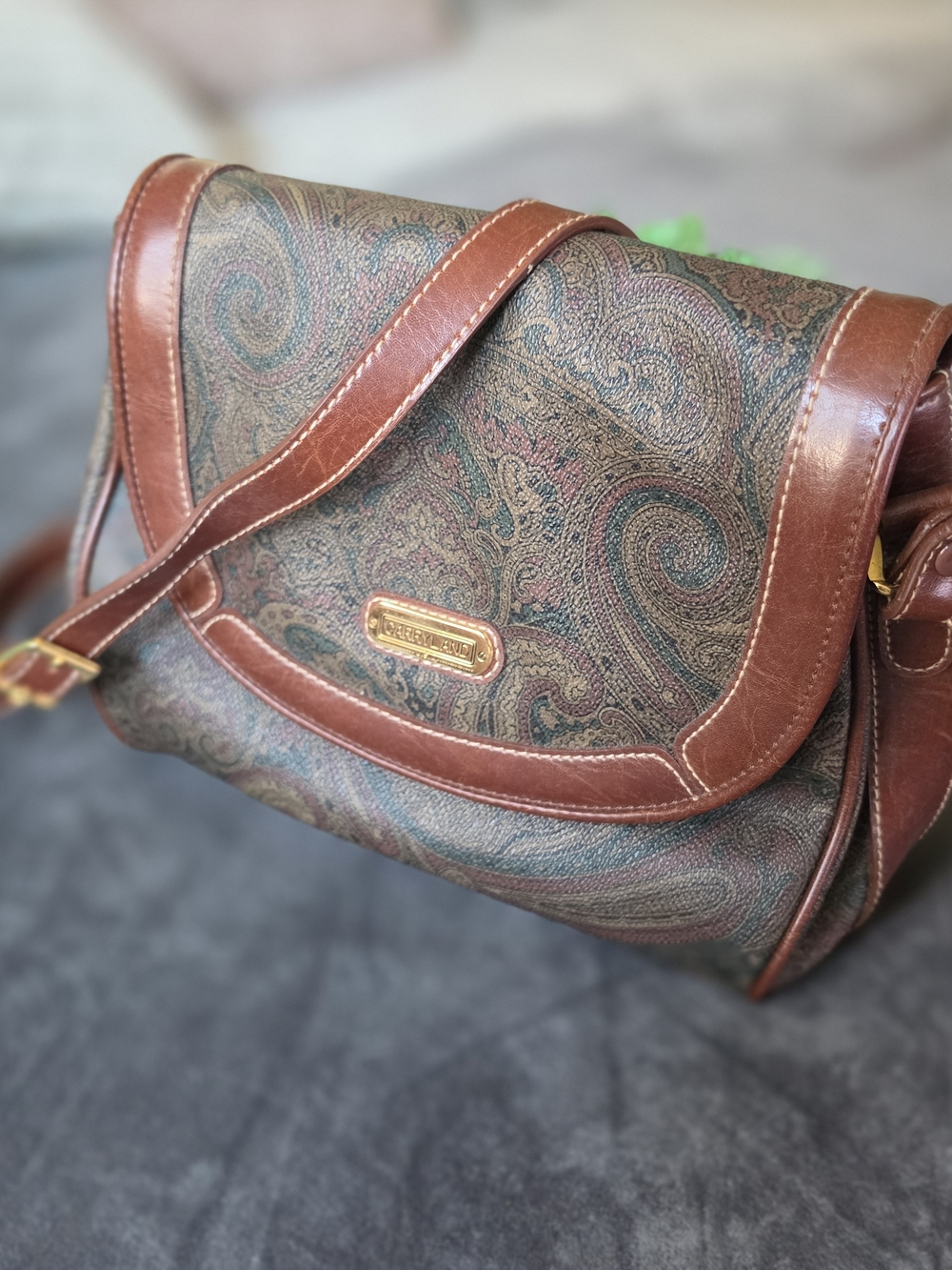 Paisley-Print Crossbody with Brown Leather Trim and Gold Plaque